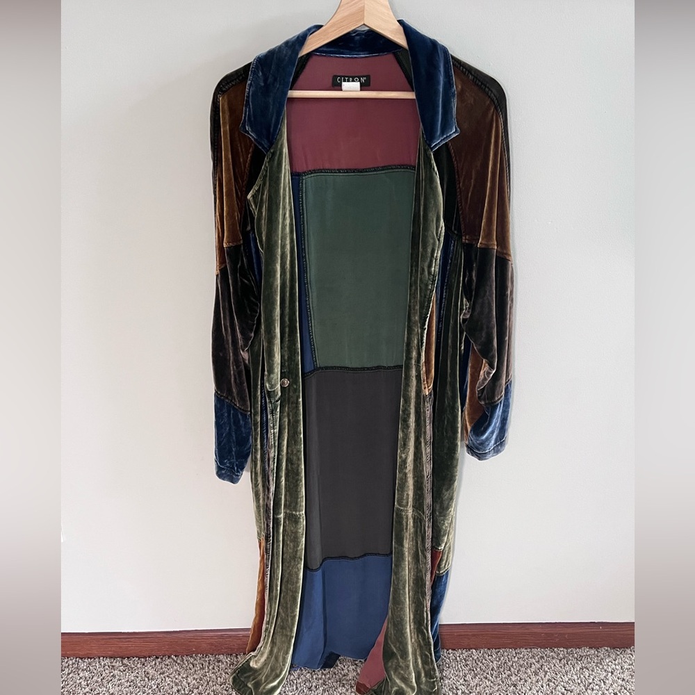 Vintage Citron Silk Patchwork Maxi Coat Velvet Pa… - image 3